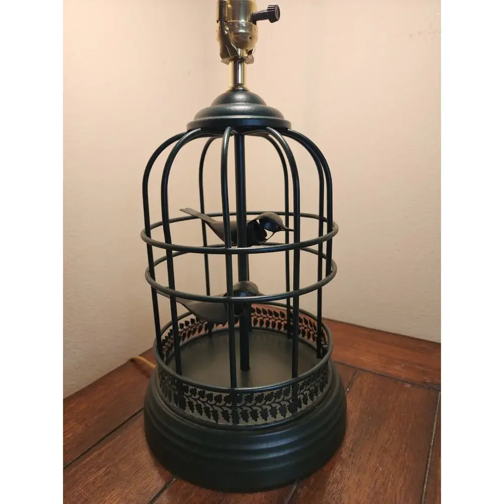 Vintage 1960s Steel Rod Hunter Green Birdcage Table Lamp 2 Stylized Birds